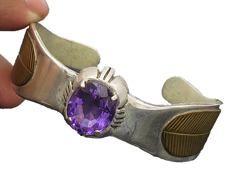 DESIGNER 925 Silver  Vintage Faceted Amethyst Two Tone Cuff Bracelet  BT8183