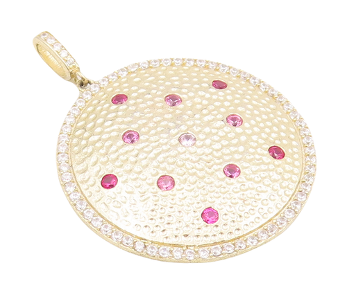 925 Sterling Silver Vintage Pendant Round Dented 2 Tone Gemstone Inlay PT22850