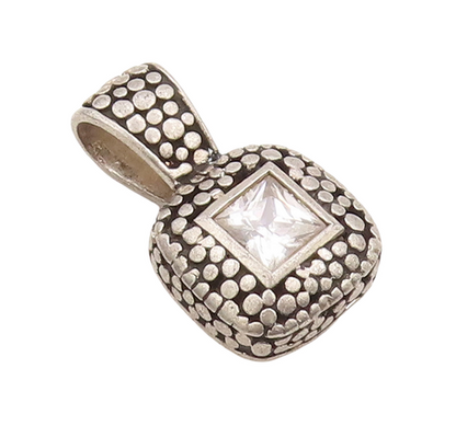 925 Sterling Silver Vintage Pendant Square Cut CZ Pebble Effect Carved   PT23093