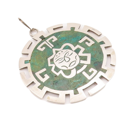 925 Sterling Silver Vintage Pendant TAXCO Carved Sun Inlay Turquoise  PT23116