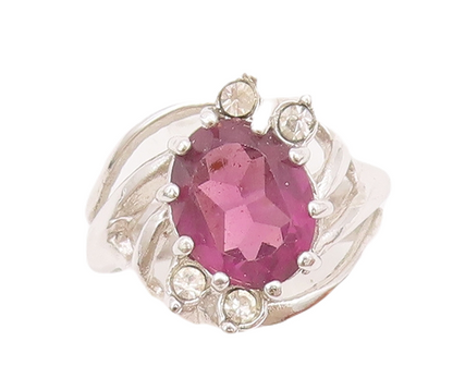 925 Sterling Silver Vintage Ring Cutout Shank Oval Amethyst & CZ  Sz 6  RG28109