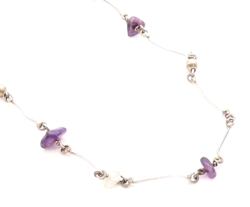 925 Sterling Silver Vintage Amethyst & Quartz Bar Link Chain Necklace NE2126