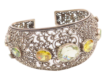 925 Sterling Silver Vintage Bracelet Floral Beaded Cutout Citrine Cuff  BT10556