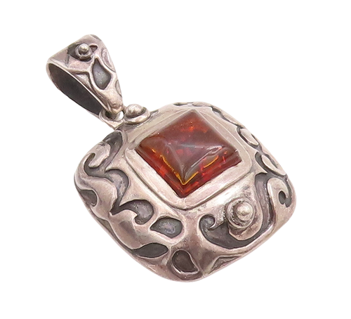 925 Sterling Silver Vintage Pendant SILPADA Swirly Carved Square Amber  PT22834
