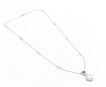 925 Sterling Silver Vintage Necklace Square Topaz & Triangle Sapphire  NE4378