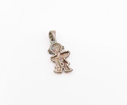 925 Sterling Silver Vintage Pendant Round CZ Dark Tone Little Girl Charm PT24832