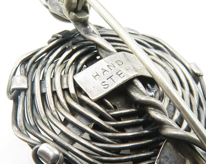 925 Sterling Silver  Vintage Hand Made Floral Leaf Nest Brooch Pin  BP3929
