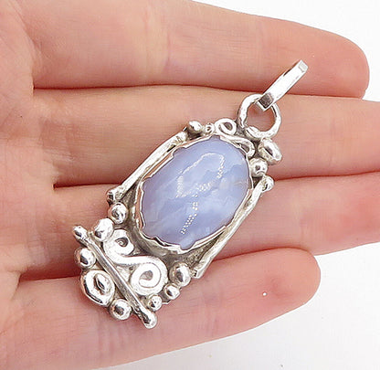 925 Sterling Silver  Vintage Cabochon Cut Blue Agate Sculpted Pendant  PT3453