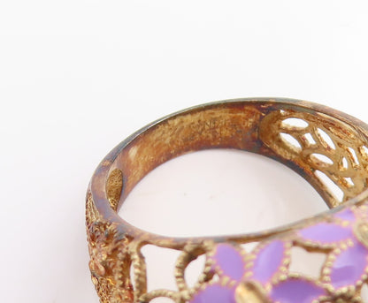 925 Sterling Silver Vintage Ring Gold Plated Enamel Floral Dome  Sz 7  RG35113