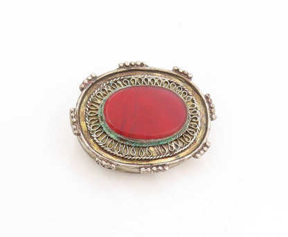 925 Sterling Silver Vintage Brooch Cabochon Red Carnelian Statement Pin  BP11874