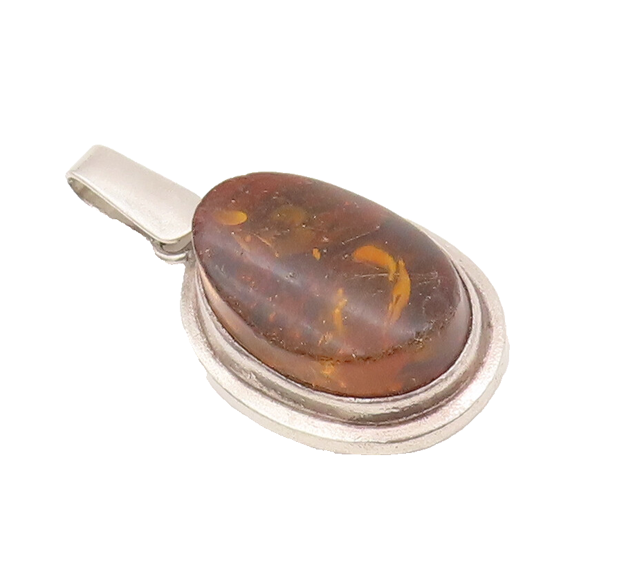 925 Sterling Silver Vintage Pendant POLAND Designer Oval Honey Amber  PT22576