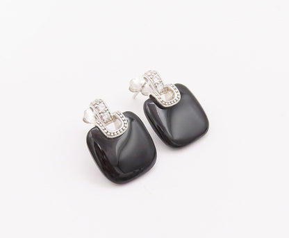 925 Sterling Silver Vintage Earrings Square Cabochon Onyx Beaded CZ  EG13010