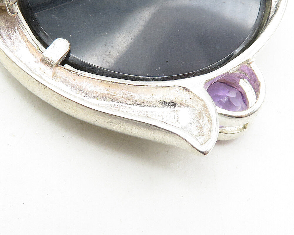 925 Sterling Silver  Vintage Black Onyx & Amethyst Round Brooch Pin  BP3829