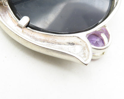 925 Sterling Silver  Vintage Black Onyx & Amethyst Round Brooch Pin  BP3829