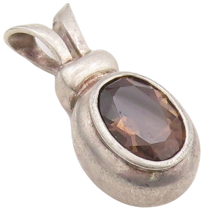 925 Sterling Silver Vintage Pendant Domed Oval Cut Smokey Quartz  PT23443