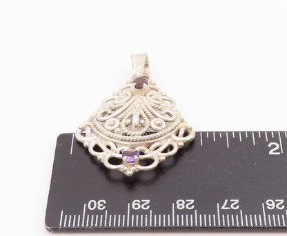 925 Sterling Silver Vintage Pendant Garnet & Amethyst Open Scrollwork  PT25793