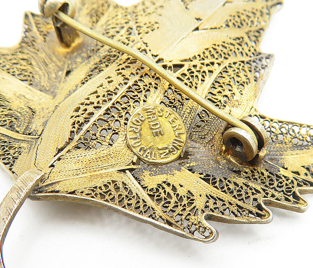 PORTUGAL 925 Sterling Silver  Vintage Filigree Autumn Leaf Brooch Pin  BP1363