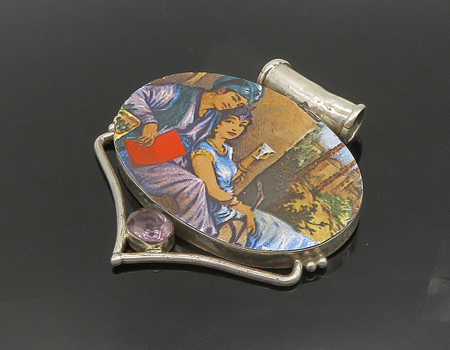925 Sterling Silver  Vintage Amethyst Enamel Scene Slide Pendant  PT14735