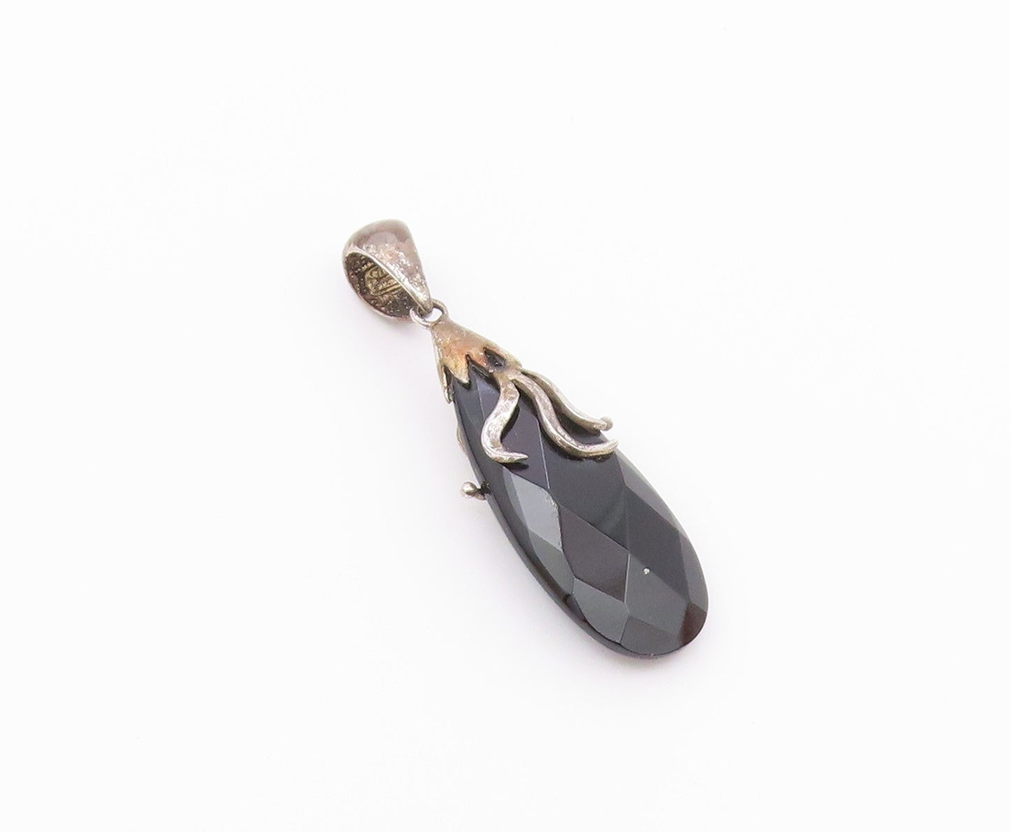 925 Sterling Silver  Vintage Faceted Black Spinel Rain Drop Pendant  PT17553
