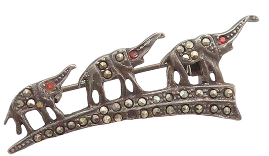925 Sterling Silver Vintage Brooch Pin Marcasite Red Topaz Elephants  BP11005