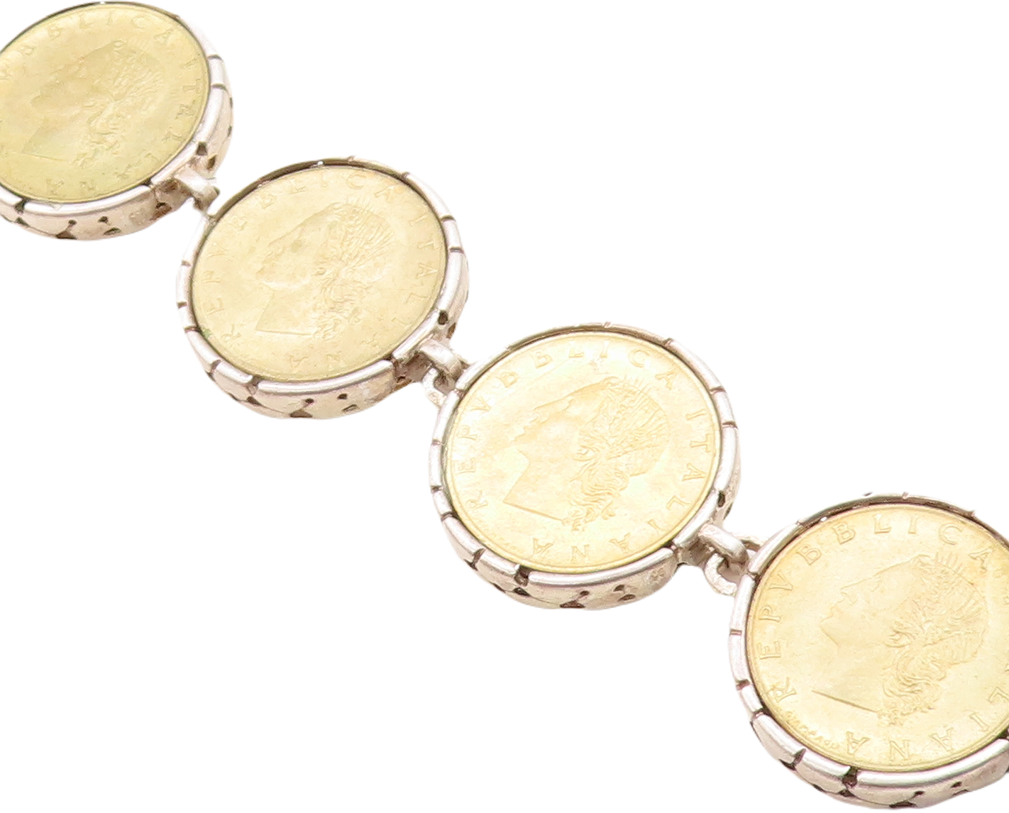 925 Sterling Silver  Vintage Two Tone Italian Coin Link Chain Bracelet  BT2537