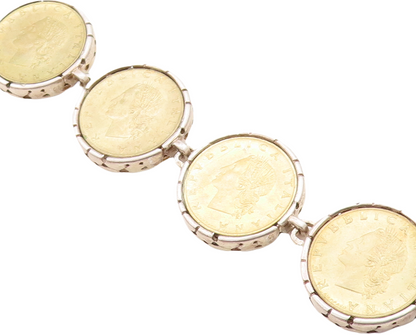 925 Sterling Silver  Vintage Two Tone Italian Coin Link Chain Bracelet  BT2537