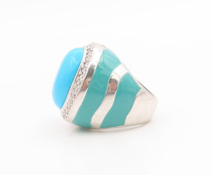 925 Sterling Silver Vintage Ring Large Turquoise & CZ Dome Band  Sz 6  RG35554