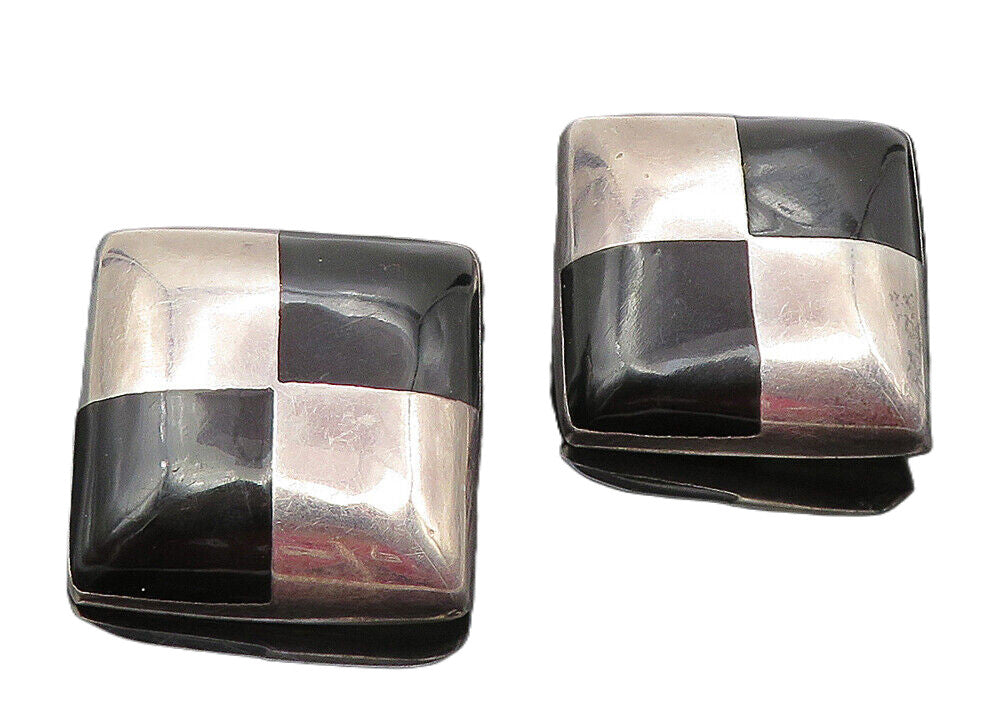 MEXICO 925 Silver  Vintage Black Onyx Checkered Non Pierce Earrings  EG5895