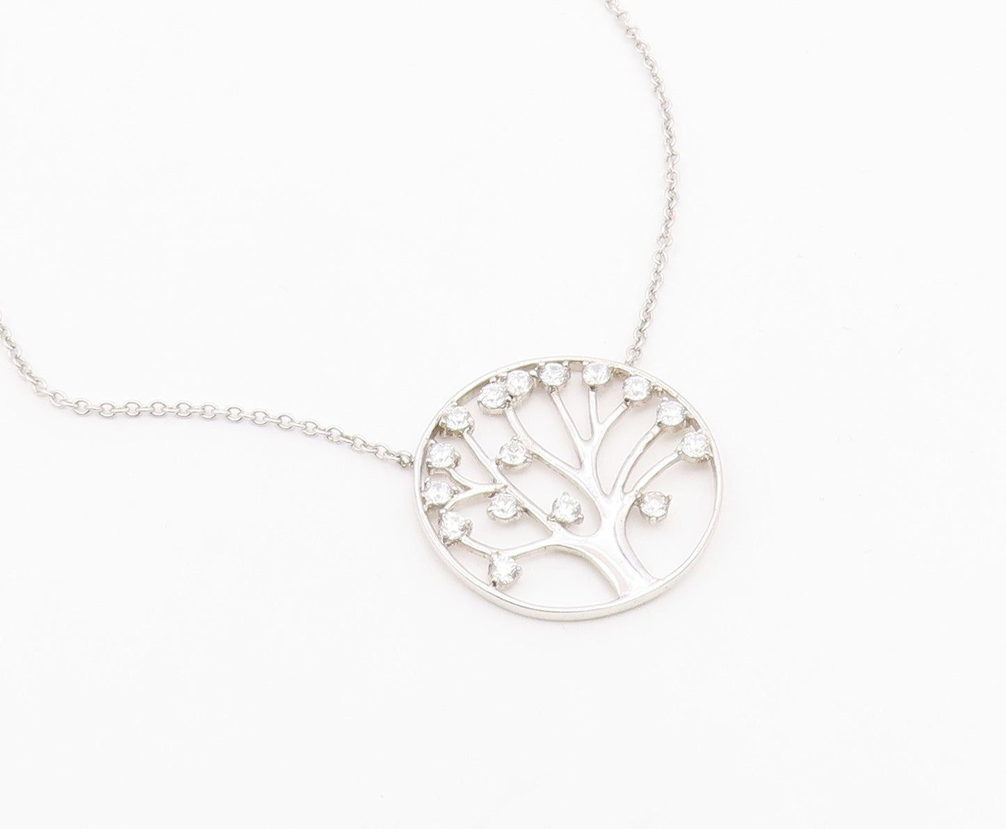 925 Sterling Silver  Vintage Cubic Zirconia Tree Of Life Chain Necklace NE3420