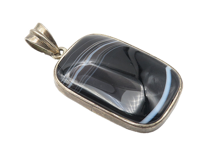 925 Sterling Silver  Vintage Black Agate Dark Tone Square Drop Pendant  PT8364