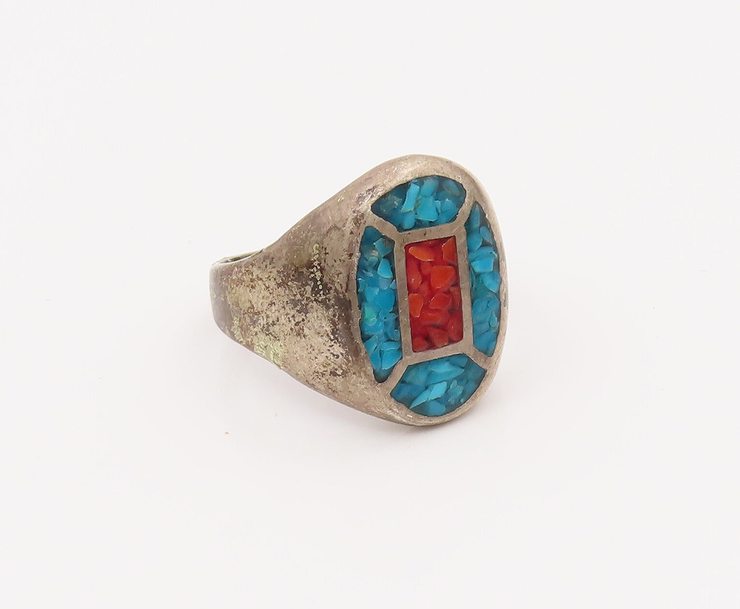 SOUTHWESTEN 925 Silver  Vintage Two Tone Crushed Turquoise Ring Sz 10  RG26557