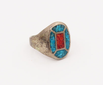 SOUTHWESTEN 925 Silver  Vintage Two Tone Crushed Turquoise Ring Sz 10  RG26557