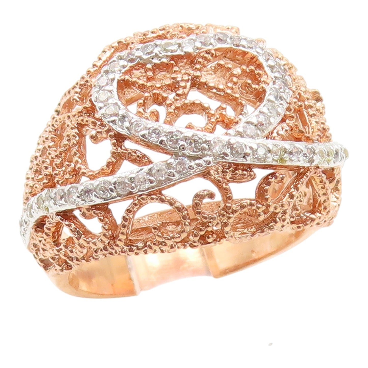 925 Sterling Silver Vintage Ring Gold Plated CZ Love Heart Dome  Sz 8  RG35289
