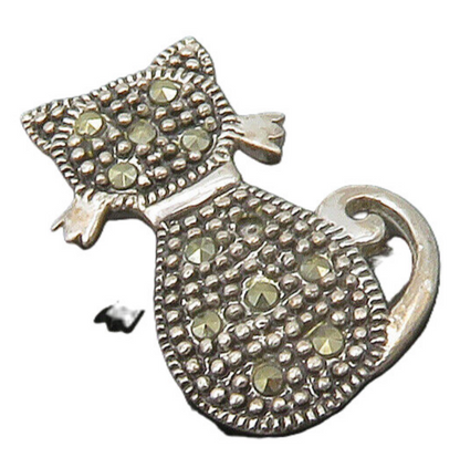 925 Sterling Silver  Petite Sparkling Marcasite Sitting Cat Pendant  PT13573