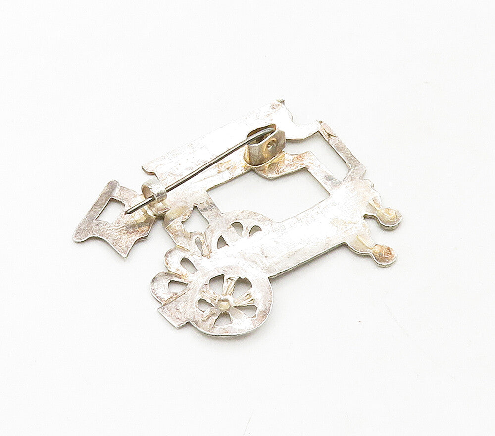 925 Sterling Silver  Vintage Shiny Old Fashioned Carriage Brooch Pin  BP6555