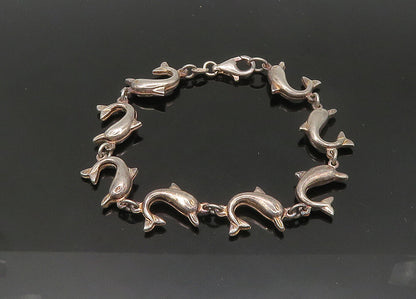 925 Sterling Silver  Vintage Dark Tone Dolphin Motif Chain Bracelet  BT8426