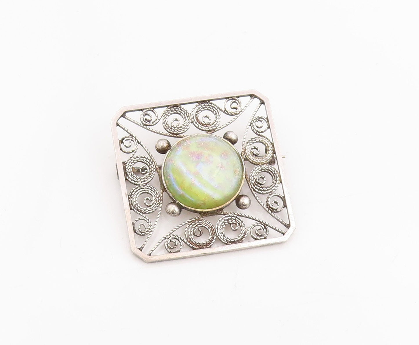 925 Sterling Silver Vintage Brooch Round Cabochon Gemstone Filigree Pin  BP11997