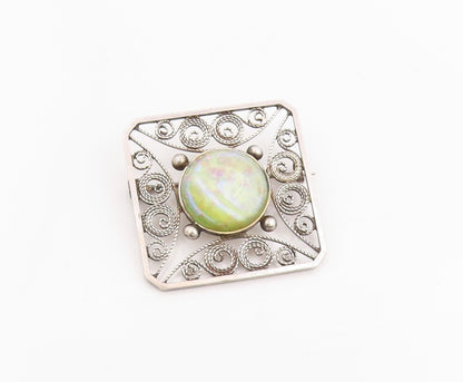 925 Sterling Silver Vintage Brooch Round Cabochon Gemstone Filigree Pin  BP11997