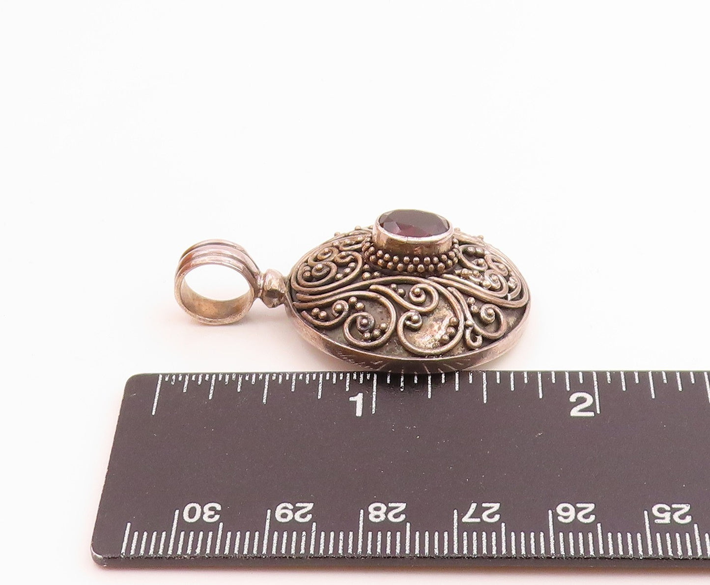 BALI 925 Sterling Silver Vintage Garnet Swirl Vine Pattern Pendant  PT15791