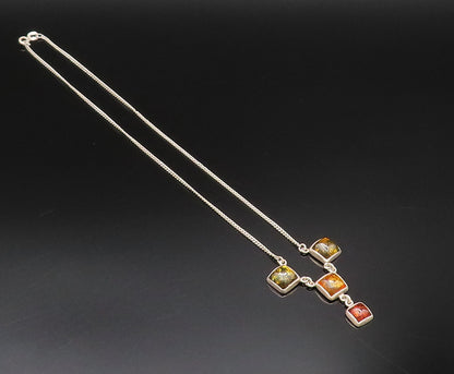925 Sterling Silver  Vintage Cabochon Square Amber Y Drop Necklace  NE3953