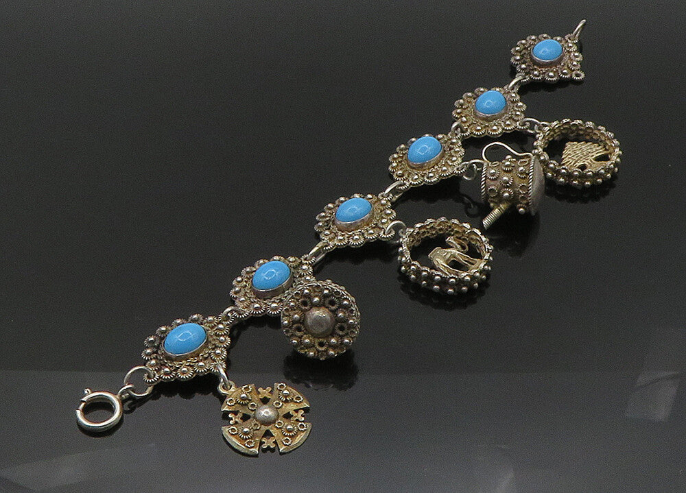 ISRAEL 925 Silver  Vintage Turquoise Floral Twist Cross Chain Bracelet  BT8650