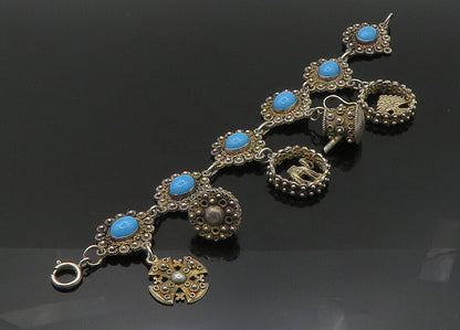 ISRAEL 925 Silver  Vintage Turquoise Floral Twist Cross Chain Bracelet  BT8650
