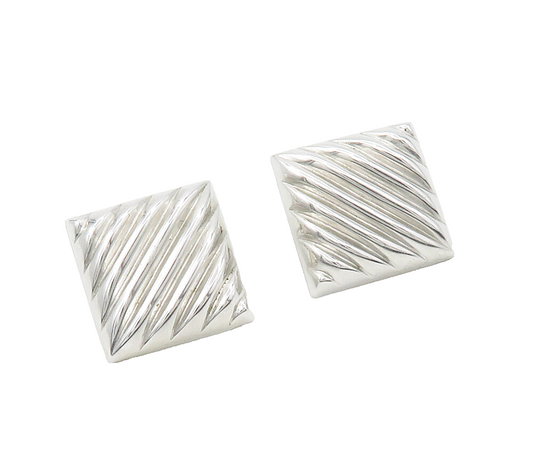 BEAU 925 Sterling Silver  Vintage Shiny Fluted Square Drop Earrings  EG8595
