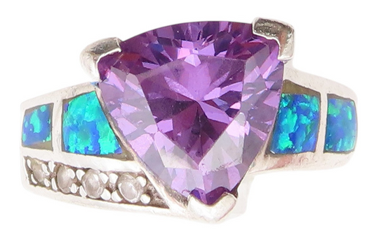 925 Sterling Silver Vintage Ring Faceted Amethyst & Fire Opal Band Sz 8 RG33498