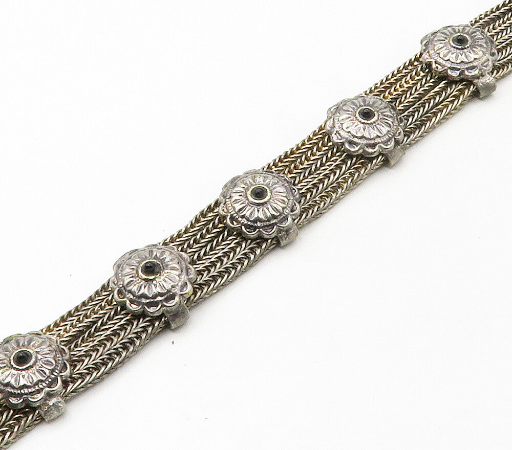 925 Sterling Silver  Vintage Black Onyx Floral Wheat Chain Necklace  NE2675