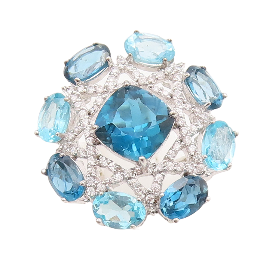 925 Sterling Silver Vintage Ring White & Blue Topaz Star Flower  Sz 7  RG29697