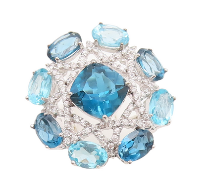 925 Sterling Silver Vintage Ring White & Blue Topaz Star Flower  Sz 7  RG29697