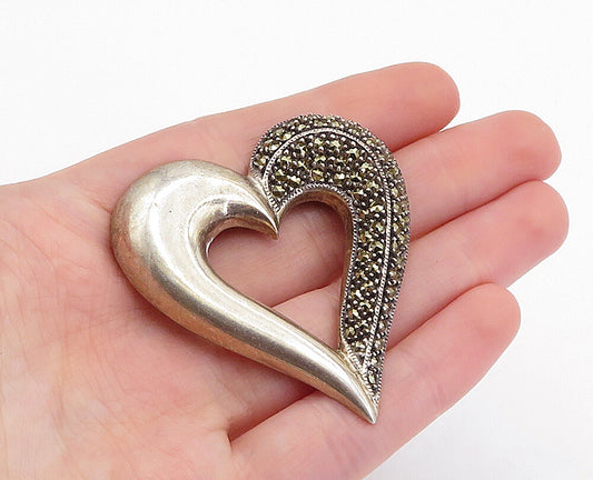 JUDITH JACK 925 Silver  Vintage Marcasite Open Love Heart Brooch Pin  BP1852