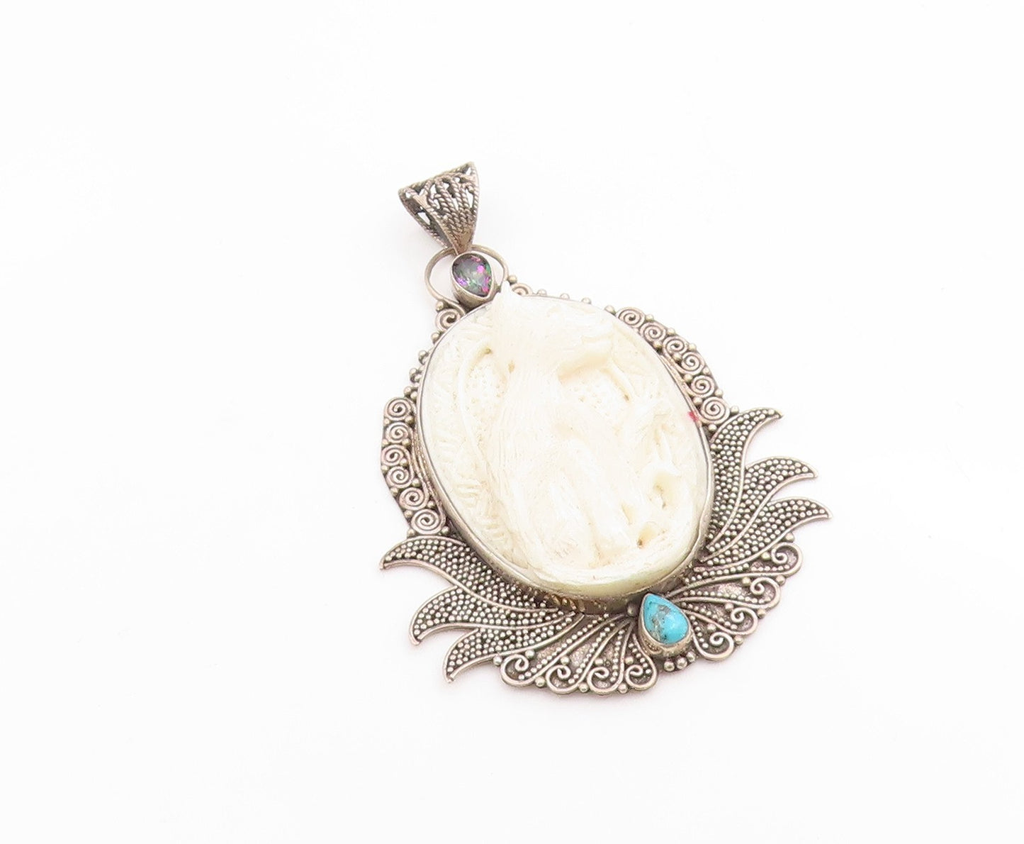 925 Sterling Silver Vintage Pendant Mystic Topaz & Turquoise Carved Cat  PT26200
