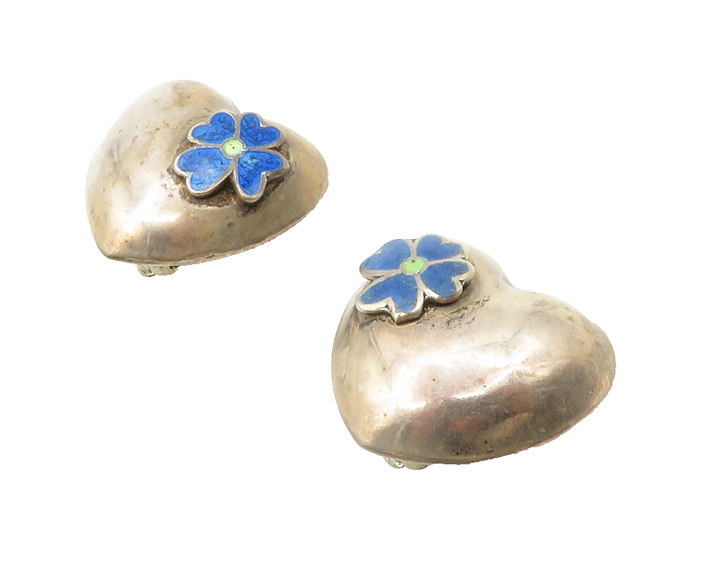 MEXICO 925 Silver  Vintage Lapis Lazuli Heart Non Pierce Earrings  EG6763